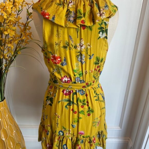 Anthropologie Maeve Floral Faux Wrap strawberry Gold Mustard Yellow Dress - Picture 10 of 16